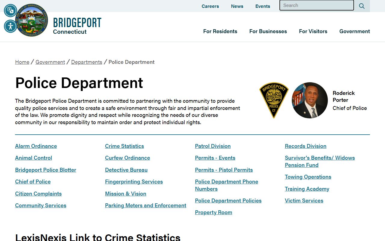 Bridgeport Police Department website homepage showing services and contact information