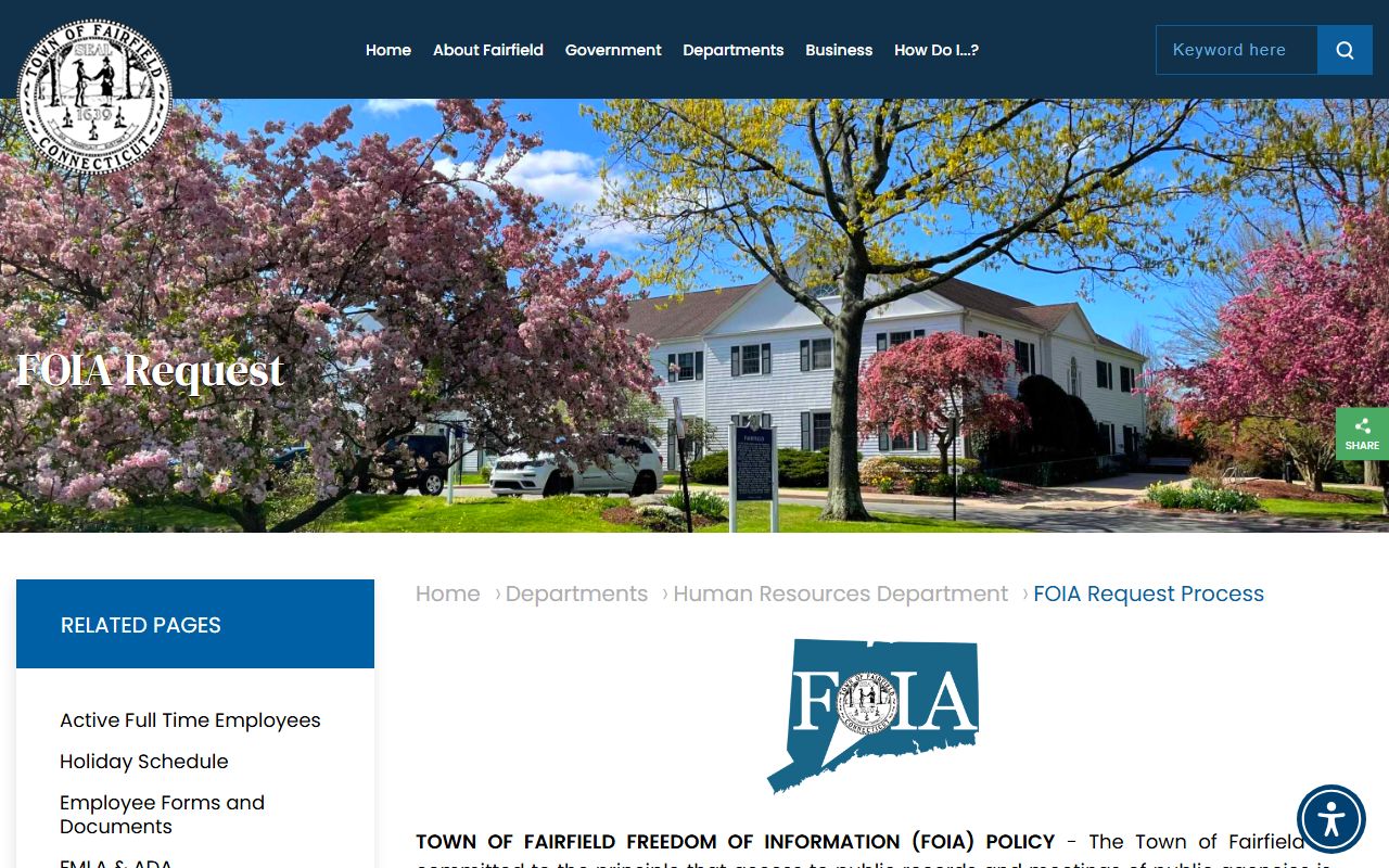 Fairfield FOIA request process page showing how to obtain public records