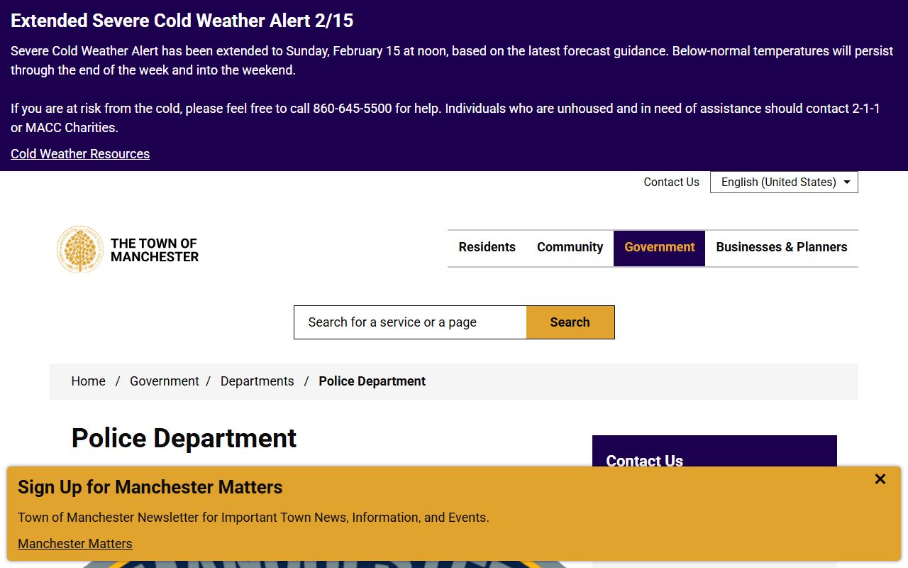 Manchester Police Department building where booking records are processed