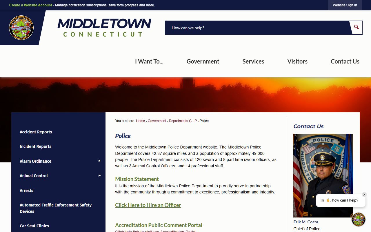 Middletown Police Department website showing services and contact information