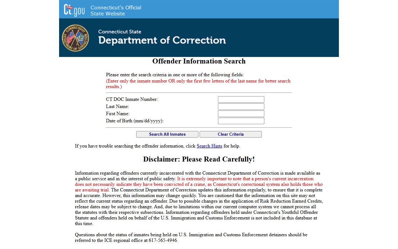 CT DOC Inmate Search results for Wallingford booking releases and arrest records