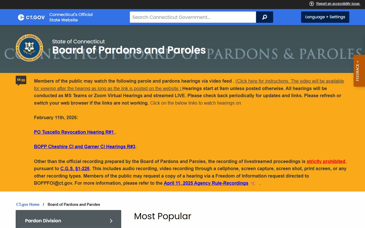 Connecticut Board of Pardons and Paroles website