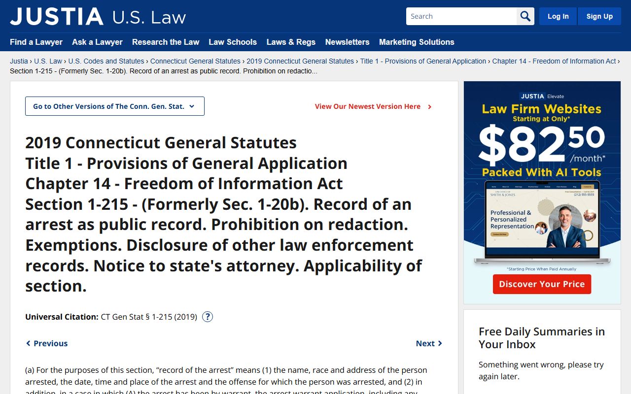 Connecticut General Statutes Section 1-215 regarding public arrest records