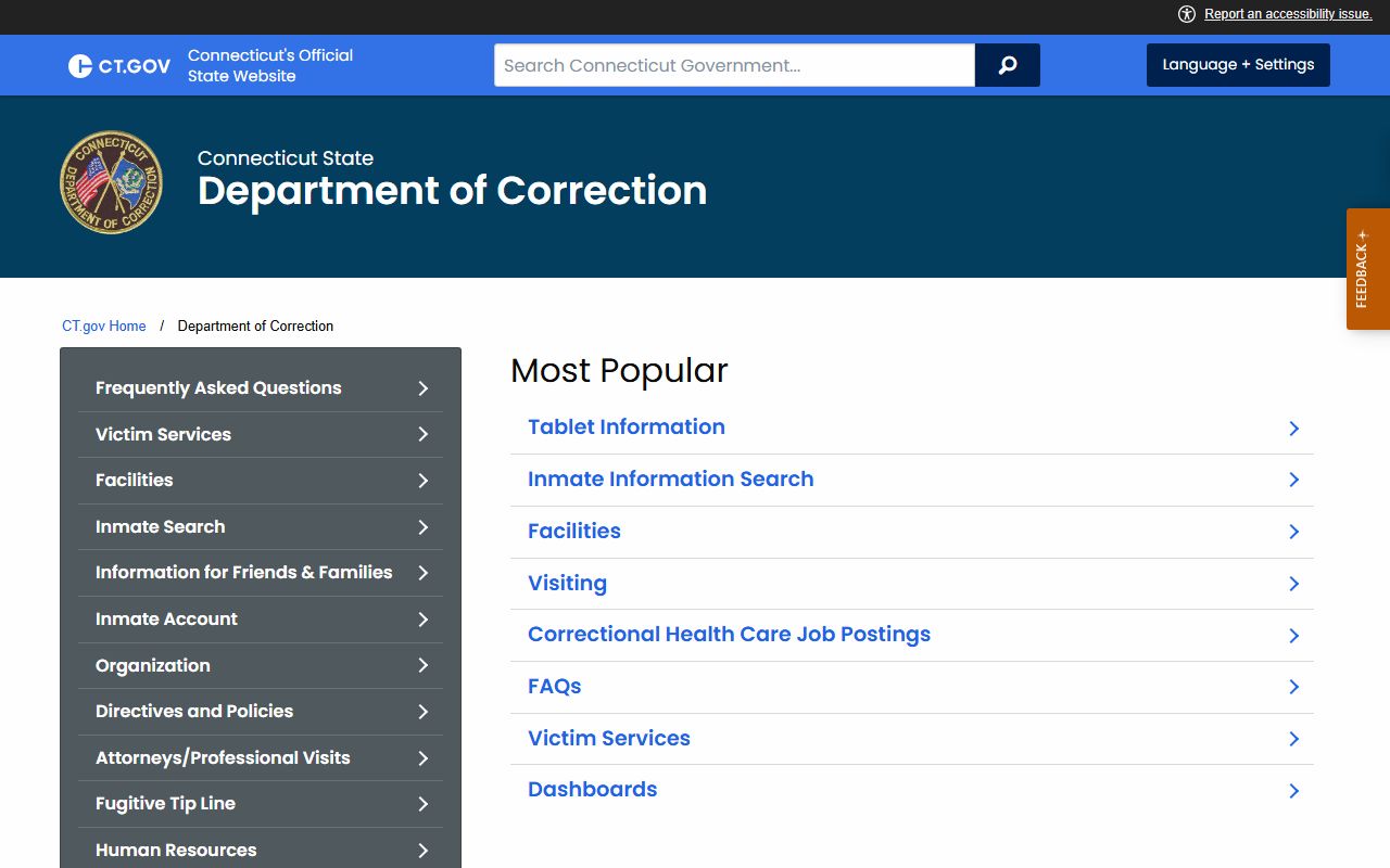 Connecticut Department of Correction homepage showing navigation and resources