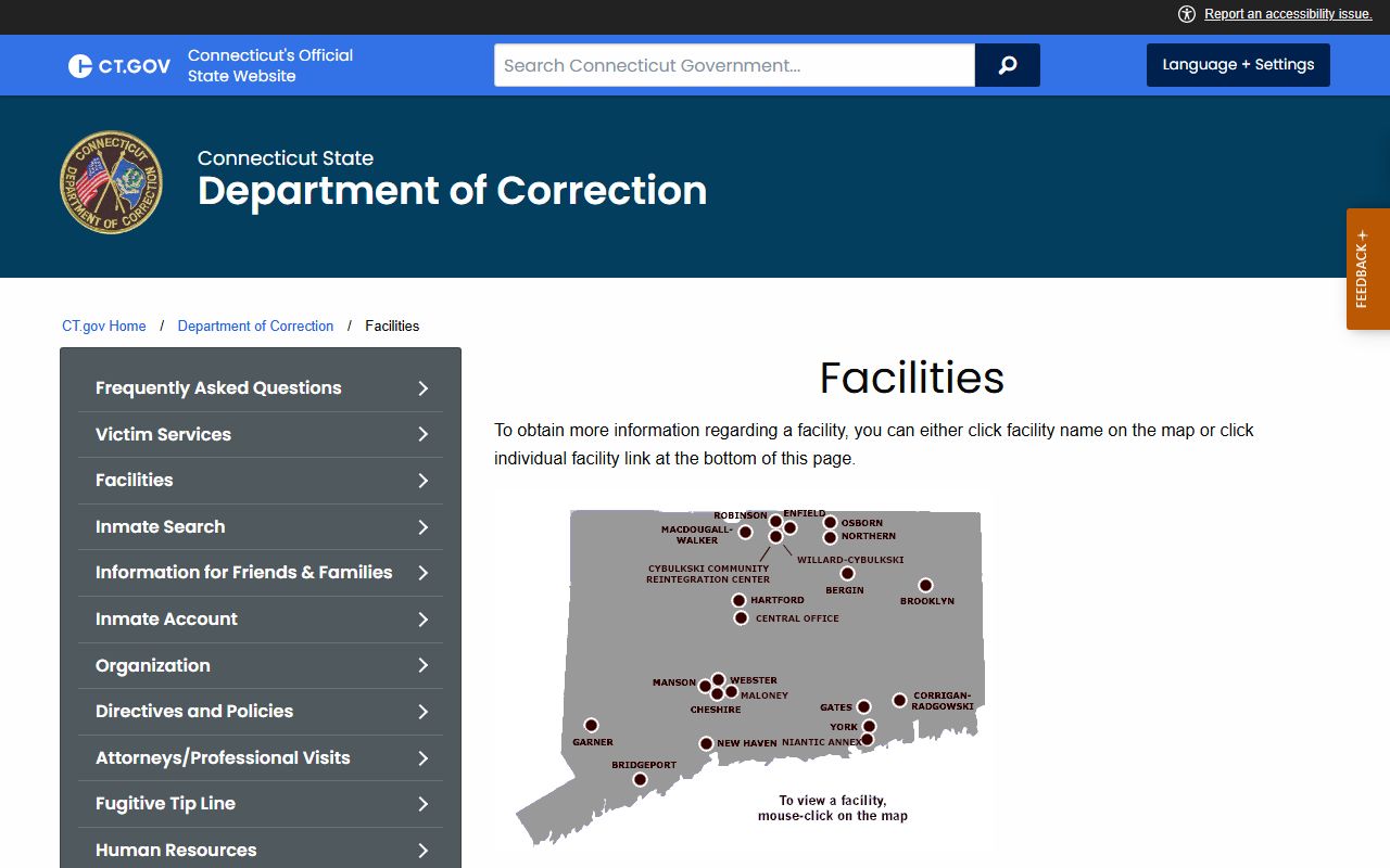 Connecticut DOC facilities page showing list of all correctional institutions