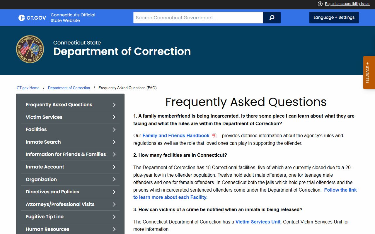 Connecticut DOC FAQ page showing common questions about inmate records
