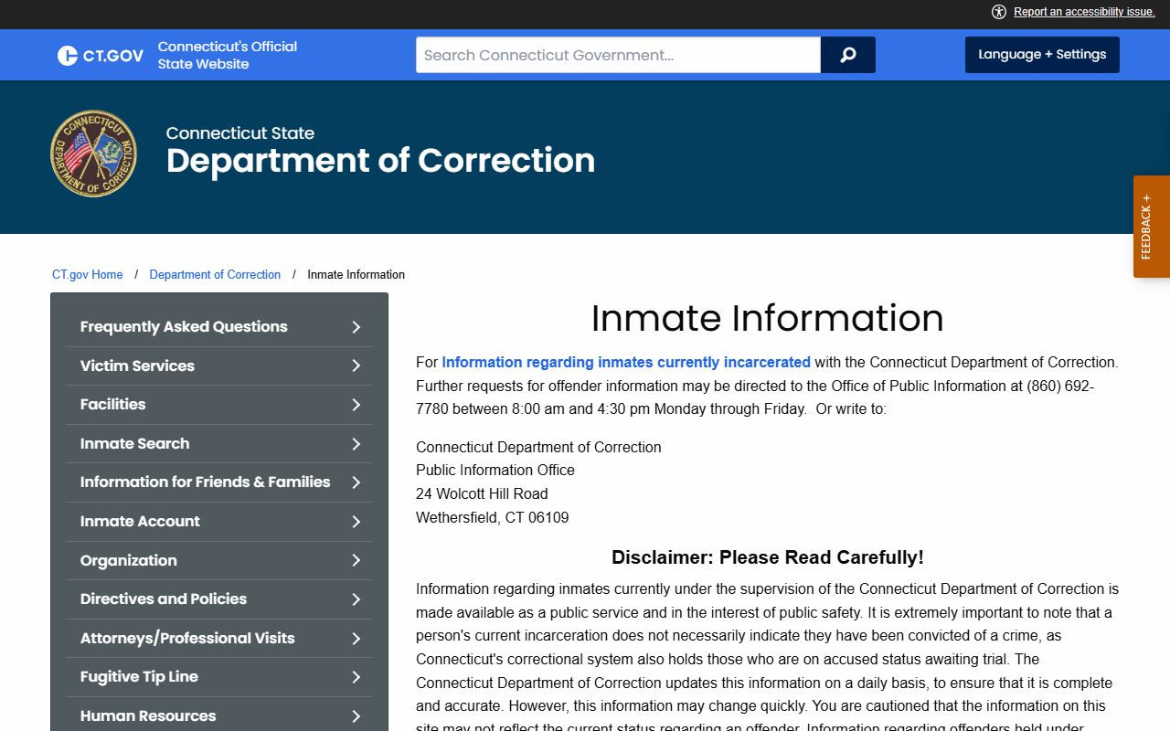 Connecticut DOC inmate information page showing available data categories