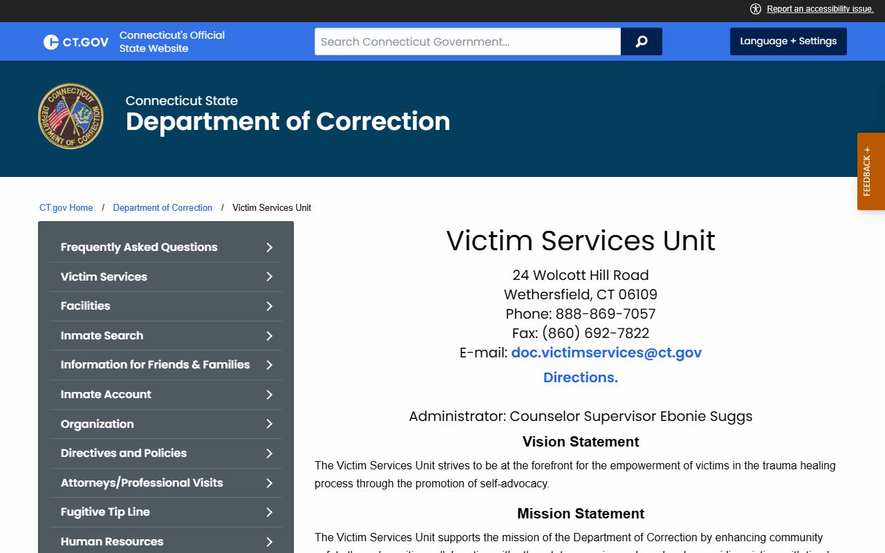 Connecticut DOC Victim Services Unit support page